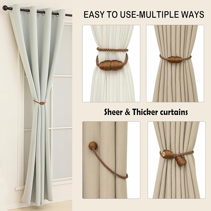 Magnetic Rope Curtain Tiebacks 6 Pack Holders for Drapes and Curtains, Khaki