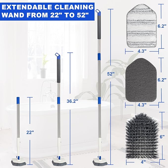 Tile Tub Scrubber Brush with 52-inch Adjustable Long Handle 3-in-1 Rotatable Shower Brush for Cleaning，3 Different Replacement Brush Heads for Cleaning Tub Tile Bathroom Kitchen Walls ，Blue