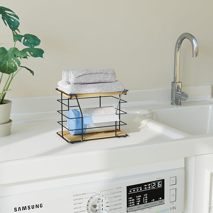 Trash Bag Holder/Dispenser with Lid, Stackable Storage Laundry Kitchen Organizers for Countertop Organization, Wall Mount Trash Bag Holder under Sink, No Drill