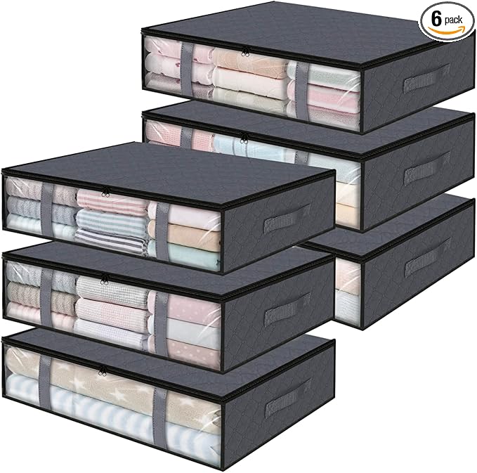 StorageRight Under Bed Storage Bins, 6-Pack 40L Foldable Fabric Storage Bags with Transparent Window, Breathable Organizer for Clothes/Blanket/Comforter/Quilt, Grey