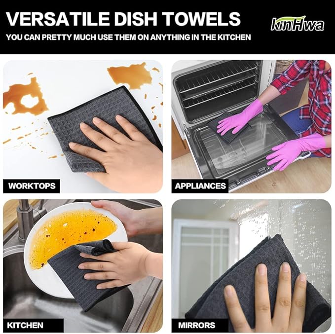KinHwa Dish Cloths for Washing Dishes Kitchen Towels Microfiber Dish Towels for Kitchen Dish Towels Absorbent 8inch x 8inch 6 Pack (Gray, 12in x 12in 6 PC)