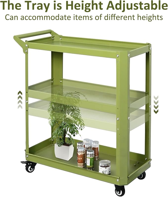 3 Tier Rolling Tool Cart with Lockable Silent Wheels, 330 LBS Capacity, Metal Service Cart for Home, Garage, Warehouse, Workshop
