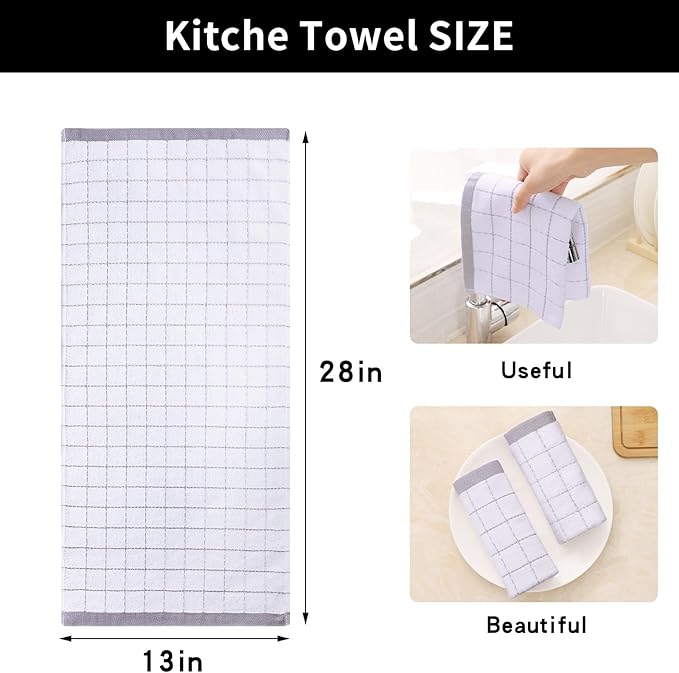 Homaxy 100% Cotton Terry Kitchen Towels(White, 13 x 28 inches), Checkered Designed, Soft and Super Absorbent Dish Towels, 6 Pack