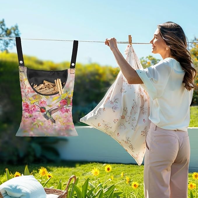 Hummingbird Clothespin Bag with Hanging Rope Cherry Blossom 14.5 x 12 Inch Summer Waterproof Laundry Clothes Pin Holder Clothespin Storage Organizer with Large Opening