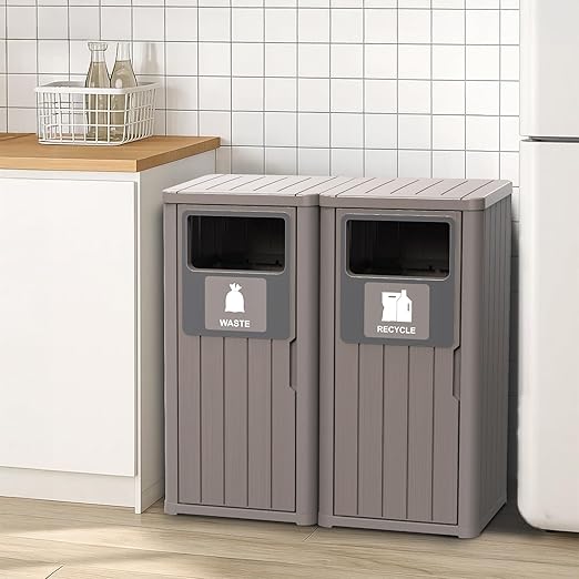 Outdoor Double Barrel Trash Can,Waterproof Resin Garbage Can with Garbage Labels,Durable Waste Bin for Porch, Backyard,Kitchen,for 30 to 39 Gallon Trash Bags