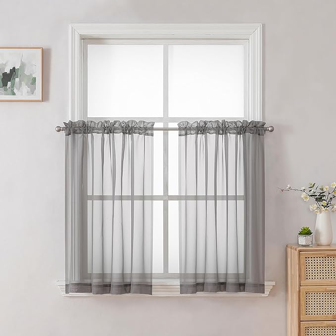 Chyhomenyc Sheer Curtains Tiers 42W x 24L Inches, Light Filtering Small Curtains, Short Bathroom Living Room Cafe Basement Voile Window Curtain, Rod Pocket, 2PCS, Charcoal Grey
