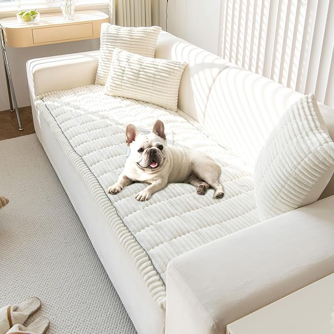 OTOB Sofa Covers for 3 Cushion Couch Washable, Fuzzy Non Slip Pet Friendly Couch Cover Protector Love Seat, All Seasons Soft Plush Furniture Bed Mats Sofa Slipcovers (Cream, 31.5" x 70.9'')