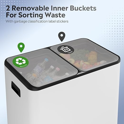 WLIVE Dual Trash Can, 2 x 8 Gallon (2 x 30 L), Step Trash Can with Lid with Inner Buckets, 2 Compartment, Heavy-Duty Stainless Steel Gabage Can for Kitchen with 15 Trash Bags, White