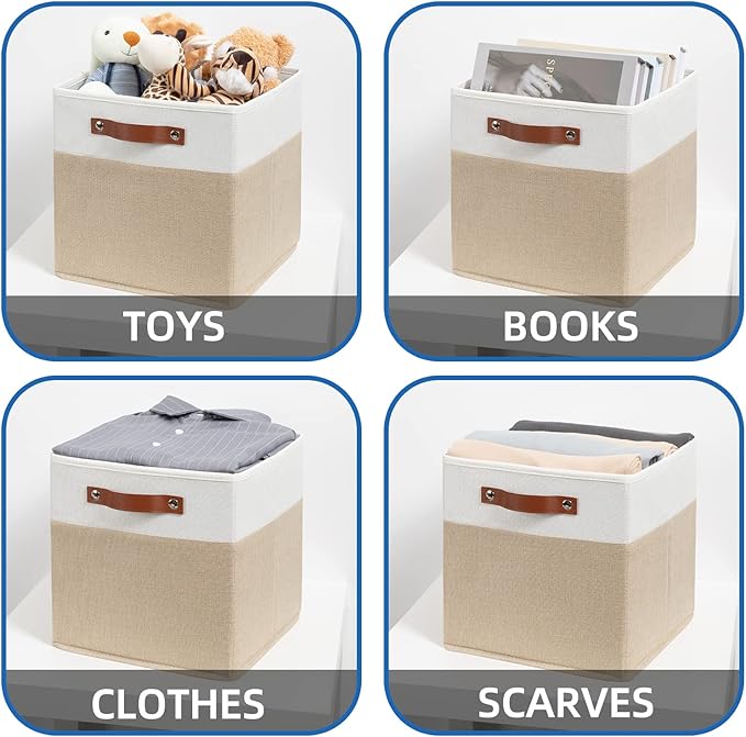 Temary Fabric Storage Cubes - 12 Inch Collapsible Bins (4Pack) - Empty Gift Baskets for Organizing Shelves, Closets, Nursery (White & Khaki)