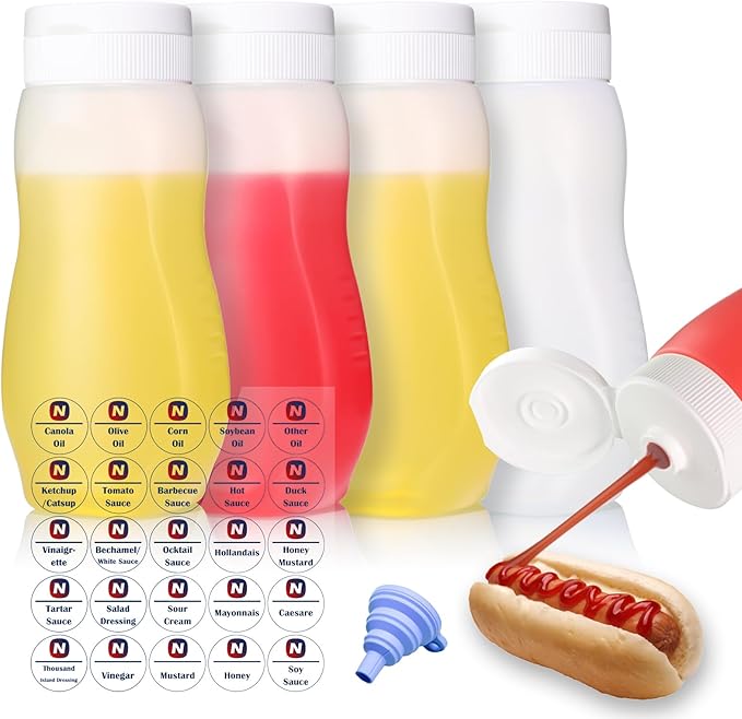 Condiment Squeeze Bottles for Ketchup Hot Sauce Liquids Oil with Caps for Condensed Milk and Mustard Salad Dressing Dispenser Clear Plastic Bottles Dressing Container HD PE BPA-free