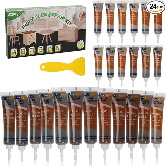 Wood Furniture Repair Kit,24 Colors Wood Fillers,Scratch Repair Covers & Removers for Repairing Scratches,Cracks,Dings and Holes in Cabinets, Cut Panels(Gray Series)