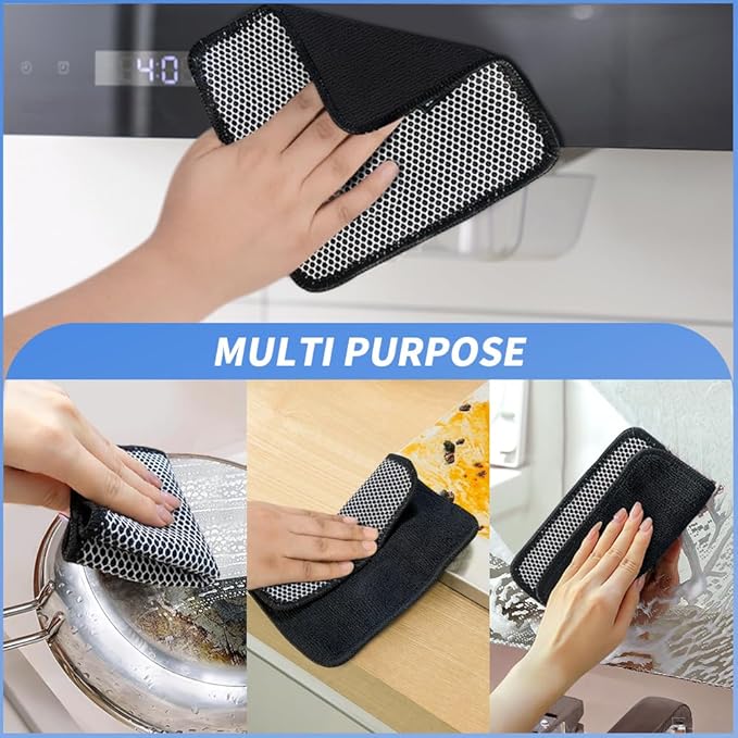 KinHwa Kitchen Washcloths for Dishes Absorbent Microfiber Dish Cloths Quick Dry Dish Rags with Poly Scour Scrub Side Ideal for Kitchen Cleaning (Black, 7inchx7inch 9 Pack)