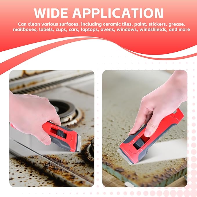 Upgraded Razor Blade Scraper with 10pcs Blades and 3Pcs small wire brushes,Scraper Tool for Cleaning Glass Window, Cooktop, Oven, Stove Scraper, Razor Scraper with Buit-In Blade Storage, Gray