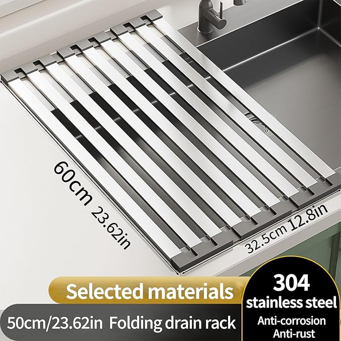 Foldable Dish Drying Rack, Over The Sink Dish Drying Rack ，Dish Drying mat，Dish Drying mats for Kitchen Counter，Stainless Steel Multifunctional mat (23.62×12.8in)