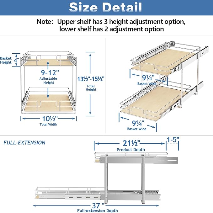 ROOMTEC 2 Tier Individual Pull Out Cabinet Organizer 10½"W x 21½"D, Slide Out Wood Shelves Organizers, Pull Out Drawers Organization and Storage for Kitchen Cabinet