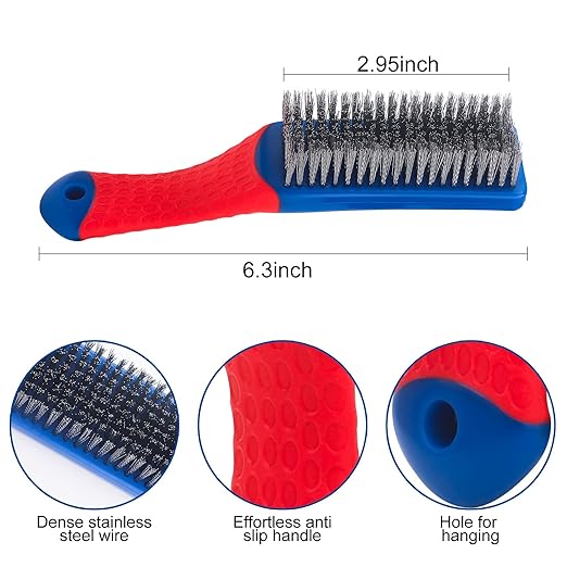 Wire Brushes 2 Pcs Steel Brushes Heavy Duty Carbon Steel and Stainless Steel Wire Scratch Brush with Rubber Ergonomic Handle (16x3.5cm)