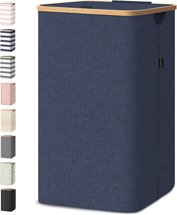 BALEINE Laundry Hamper with Lid, Tall Laundry Baskets with Bamboo Pull Handles, Large Laundry Bin with Internal Support (18 Gal/70L, Blue)