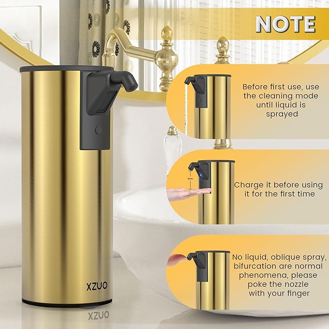 Automatic Soap Dispenser Touchless 11.8oz/350ml Four-Level Adjustable Dispenser Volume，Stainless Steel Material,Battery Powered for Wide Compatibility in Kitchen, Bathroom, Hotel & Office (Gold)