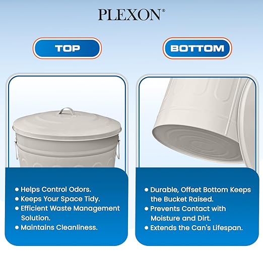 Plexon Round Trash Can 13 Gallon, Vintage Metal Outdoor Trash Can with Lid, Retro Farmhouse Garbage Container, Old School Modern Ash Bucket, Beige 3 Pack