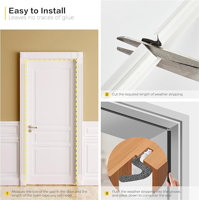 Weather Stripping Door Seal Strip - Soundproof Q-Shaped Foam for Exterior Door Frame, Large Gap Seal, Noise Cancelling, Easy to Install (White, 40FT)