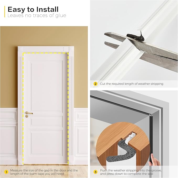 Weather Stripping Door Seal Strip - Soundproof Q-Shaped Foam for Exterior Door Frame, Large Gap Seal, Noise Cancelling, Easy to Install (White, 60FT)