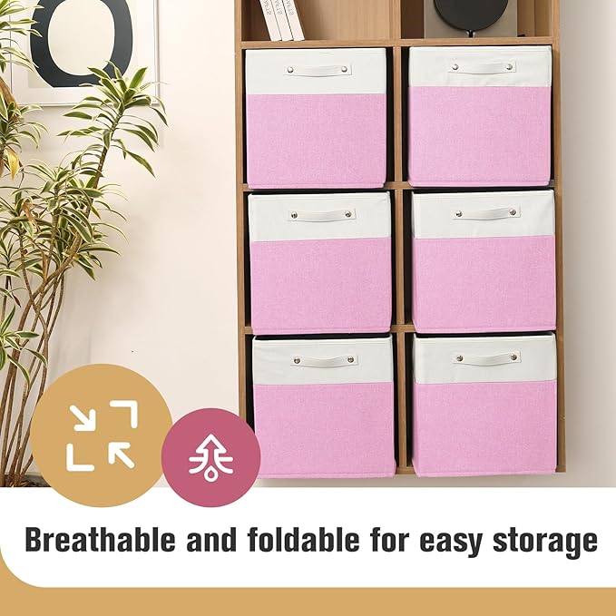 13 x 13 Inch Fine Linen Storage Bins with Handles，Fabric Cube Boxs，Collapsible Basket Organizers for Shelves for Home, Closet Drawers (White/Pink-4 Pack)