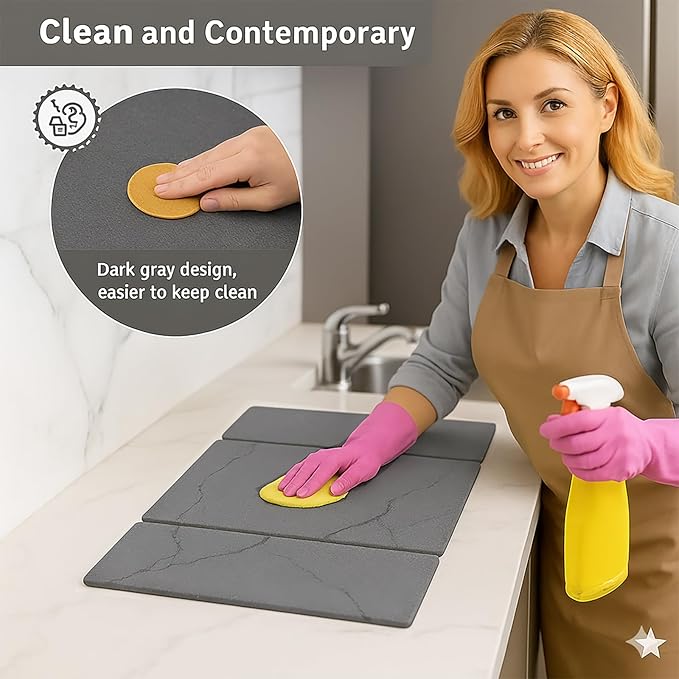 Stone Drying Mat for Kitchen Counter19.7"x 15.7"- 180° Steam-Cured for Smooth Absorption, Quick Dry Heat-Resistant Counter Protector with Minimalist Design for Island, A Tidy Kitchen Brings Joy