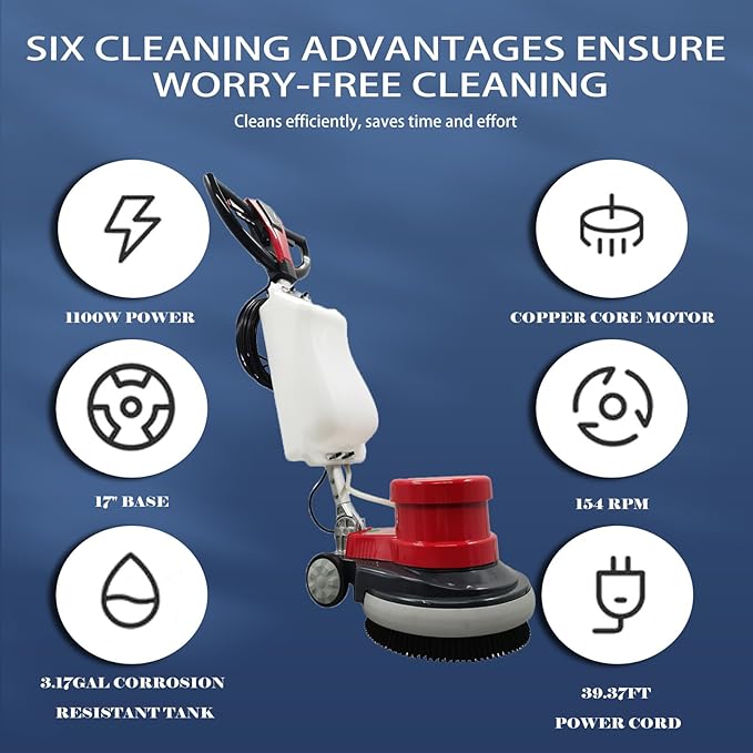 1100W Red Floor Polisher Commercial Floor Cleaner Polishing Machine Carpet Buffer Scrubber with 3gal Water Tank and 17" Base 154Rpm AC110V