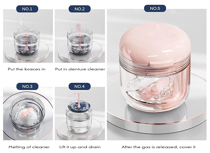 MURRI&MURRDI Retainer Mouth Guard Soak Container Box, Denture Bath Case with Strainer Basket, Braces Cleaner Cup, Travel Storage Holder for Dentures, Retainers & Aligners (Pink)