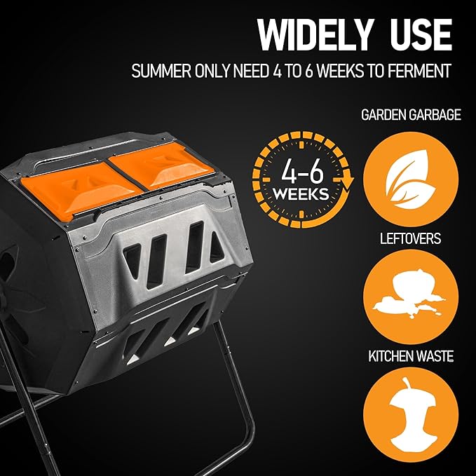 Hourleey Compost Bin Outdoor, 43 Gallon Dual Chamber Tumbling Composting Bin with Sliding Doors, Tumbler Rotating Batch Composter Bin for Garden Kitchen Yard