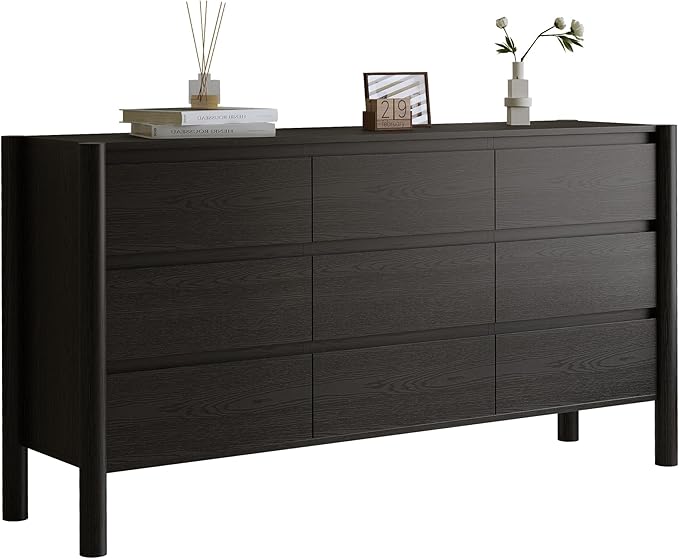 Dresser for Bedroom with 9 Drawers,63" Wide Black Dresser with 4 Solid Wood Legs, Wooden TV Stand,Closet Clothes Organizer for Bedroom, Hallway
