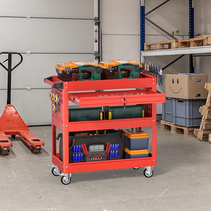 3 Tier Rolling Tool Cart on Wheels, Heavy Duty Service Cart Industrial Utility Cart with Drawer and Screwdriver Rack Pegboard, 550 LBS Mobile Tool Storage Organizer for Garage, Workshop (Red)