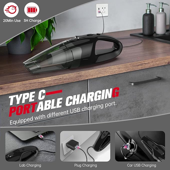 Handheld Vacuum Cordless Rechargeable, 1.65LBs Hand Held Vacuum Cordless, Car Vacuum Portable with LED, USB Charge, for Car/Home/Pet