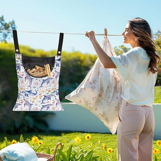 Cute Dophin Clothespin Bag Clothespin Storage with Hanger Hook Canvas Clothespin Bag with Large Opening Space-Saving Clothespin Holder Clothespin Bag for Outdoor Use, 1 Pack, CZB94