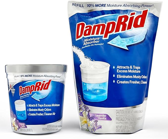 Damp Rid Refillable Moisture Absorber, Includes Single Damp Rid Lavender Vanilla 11oz. Cup & 44oz. Refill Bag - Moisture Absorbers for Closet, 10% More Absorbing Power*, Cleaner Air - ILIOS Packaging.
