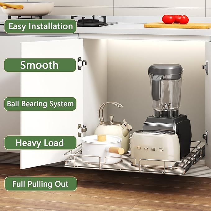 Pull Out Cabinet Organizer 27" W x 21½" D, Heavy Duty Cabinet Pull Out Shelves, Slide Out Drawers Organization for Kitchen Cabinets Bathroom