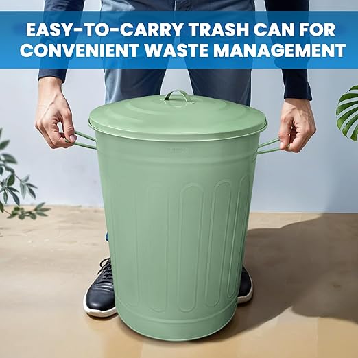 Plexon Round Trash Can 13 Gallon, Vintage Metal Outdoor Trash Can with Lid, Retro Farmhouse Garbage Container, Old School Modern Ash Bucket, Green 2 Pack