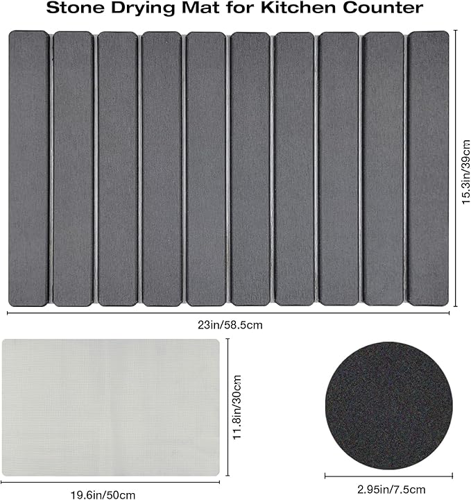 Large Diatomite Kitchen Counter Drying Mat – 24”x16”, Aesthetic Stone Mat for Dishes, Roll-Up Space-Saving & Quick-Drying Stone Rack, Dark Grey