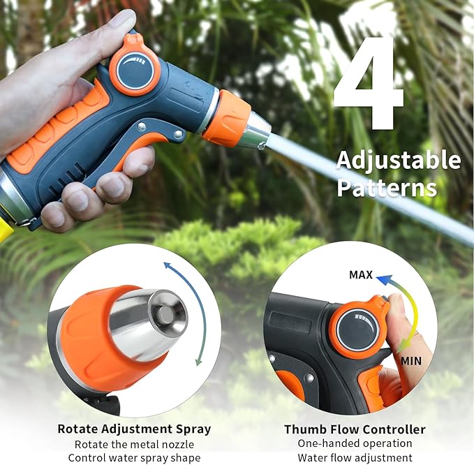 Garden Hose Nozzle Sprayer, Water Hose Sprayer Nozzle with 4 Spray Patterns, Water Flow Thumb Control, Labor-saving Buckle & Front Trigger, for Watering Plants & Lawns,Washing Cars and Pets