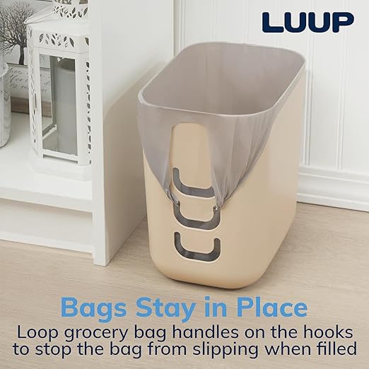 STORi Luup Bathroom Wastebasket, Secure Grocery Bags, Plastic Garbage Container for Vanity, Laundry Room, Kitchen, Office, 2.5 Gallon, Beige, Made in USA