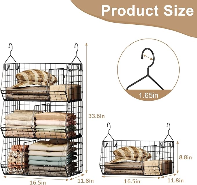 3 Tier Closet Hanging Shelves with Divider, Extra Large Closet Organizers and Storage, Clothes Hanging Organizer Clothing Sweaters Handbags Clutches Accessories