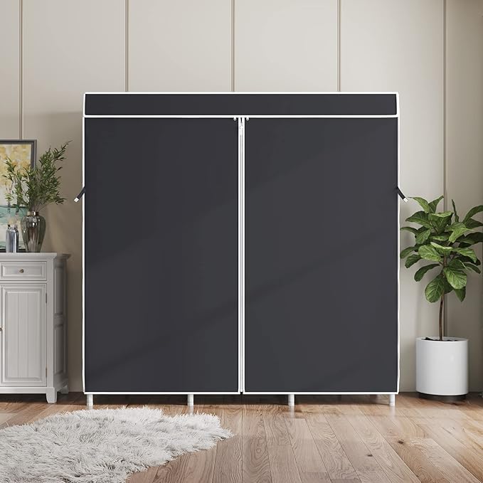 VIPEK V5C Covered Clothes Rack Heavy Duty Portable Closet Wardrobe, Freestanding White Metal Clothing Rack with Black Dustproof Cover, Adjustable Custom Closet Rack, 57.9"L x 17.3"W x 76.4"H (Medium)