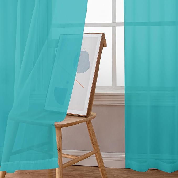 Chyhomenyc Turquoise Sheer Curtains 84 Inch Length 2 Panels, Light Filtering Soft Airy Voile Rod Pocket Teal Sheer Window Drapes for Bedroom Living Room, Each 42Wx84L Inches