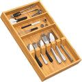 Yofidra Pure Bamboo Silverware Drawer Organizer: 16.53" Lx10 Wx1.93 H Large Silverware Utensil Tray Holder, 3-Compartment with 6 Card Slots Kitchen Flatware Organizer for Spoons Forks Knives