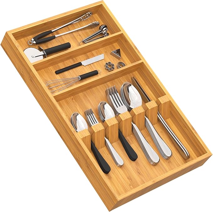 Yofidra Pure Bamboo Silverware Drawer Organizer: 16.53" Lx10 Wx1.93 H Large Silverware Utensil Tray Holder, 3-Compartment with 6 Card Slots Kitchen Flatware Organizer for Spoons Forks Knives