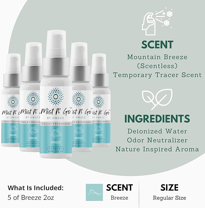 Mist N’ Go by Omaze Travel Bathroom Spray for Toilet Spray Odor Eliminator - Travel Toilet Spray for Bathroom Air Freshener Spray for Bathroom Deodorizer - Breeze Regular Size (2oz x5)