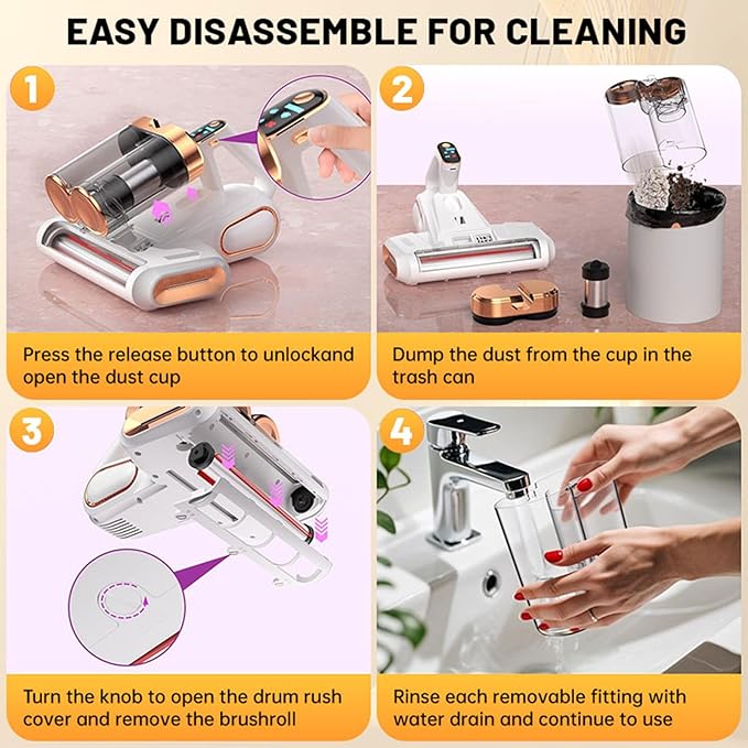 Bed Vacuum Cleaner, 16Kpa Mattress Vacuum Cleaner with 253.7nm UV-C Light 48000 RPM/Min Brushroll & Ultrasonic Tech Dual Bins for Dust & Widen Suction Port 120W Cordless for Bed Sofa(White)