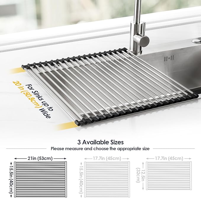 Tomorotec 21" x 15.5" Roll Up Dish Drying Rack Over Sink Drying Rack Sink Cover Kitchen Sink Accessories Gadget Multipurpose Organizer Foldable Stainless Steel Drainer