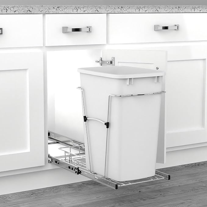 Rev-A-Shelf Pullout Trash Can for Kitchen Cabinets 35 Quart Garbage Waste Recycling Bin with Full Extension Slides, White, RV-12KD-11C