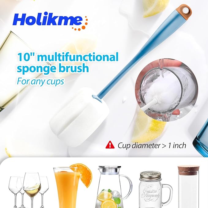 Holikme Bottle Brush Tube Cleaning Lab Set with Long Handle, Cup Cleaner for Washing Narrow Neck Beer Wine Decanter Pipes Lids Sinks Cap Covers, Azul